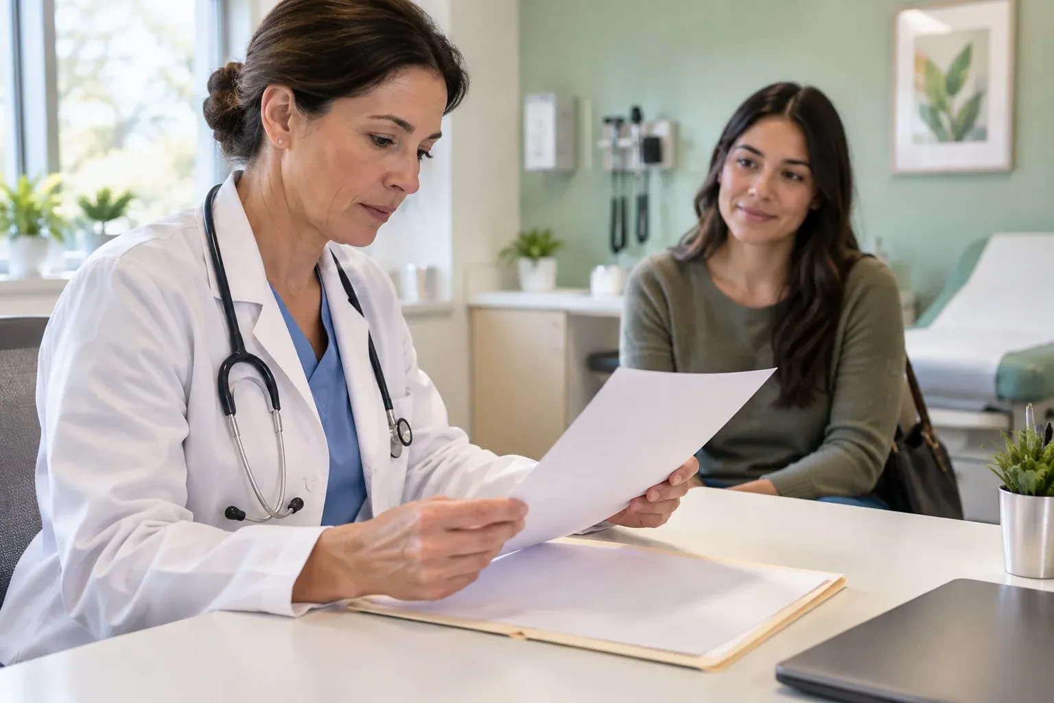 A San Diego physician reviewing a patient's vaccination records and immigration paperwork during a medical exam