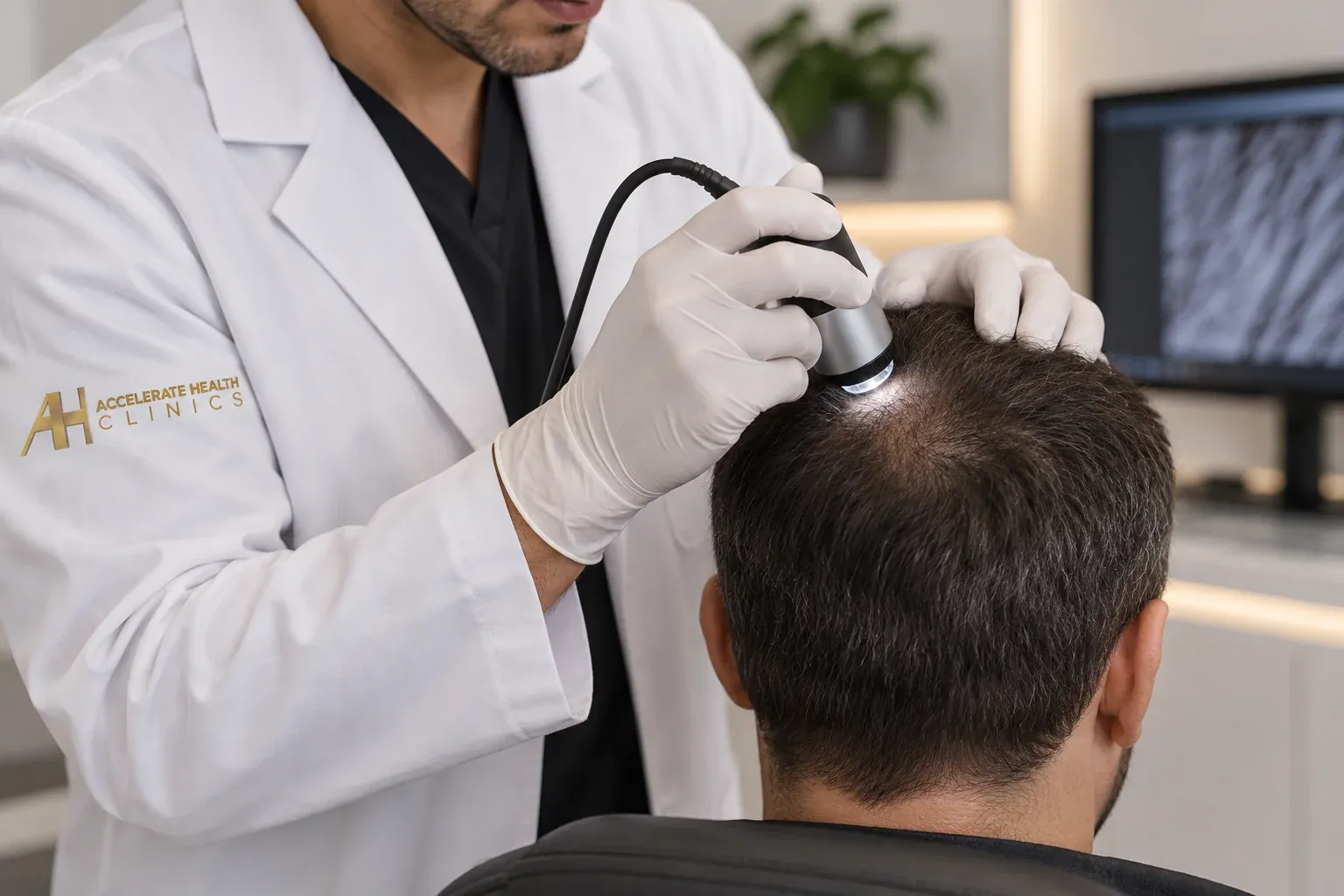 A hair restoration provider using a densitometer to examine a patient's scalp and count follicular unit density during a consultation