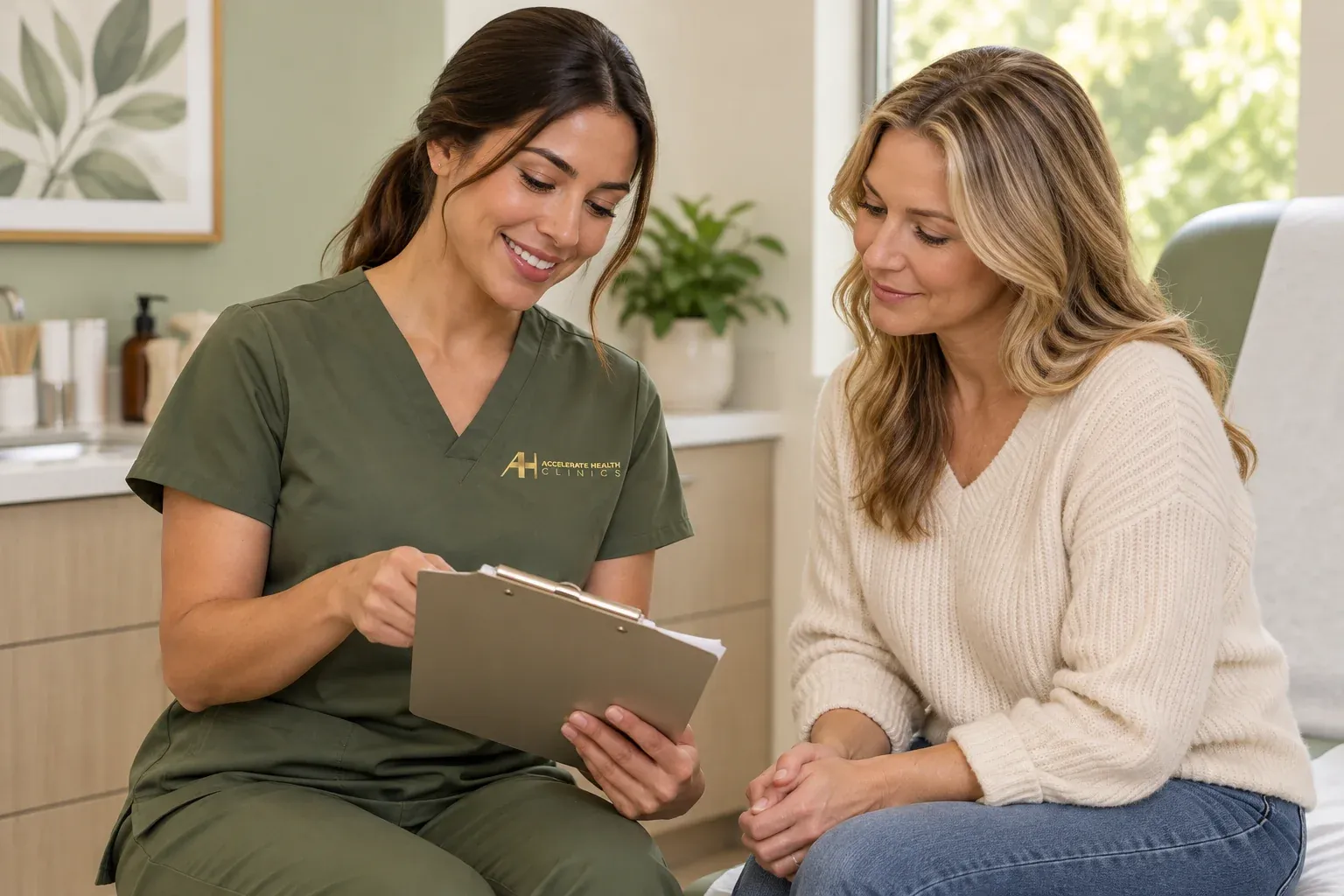 Nurse reviewing lab results with a patient during a monthly GLP-1 weight loss consultation