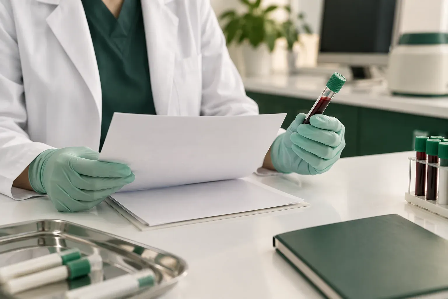Clinician's hands holding hormone bloodwork results and a blood sample vial before treatment