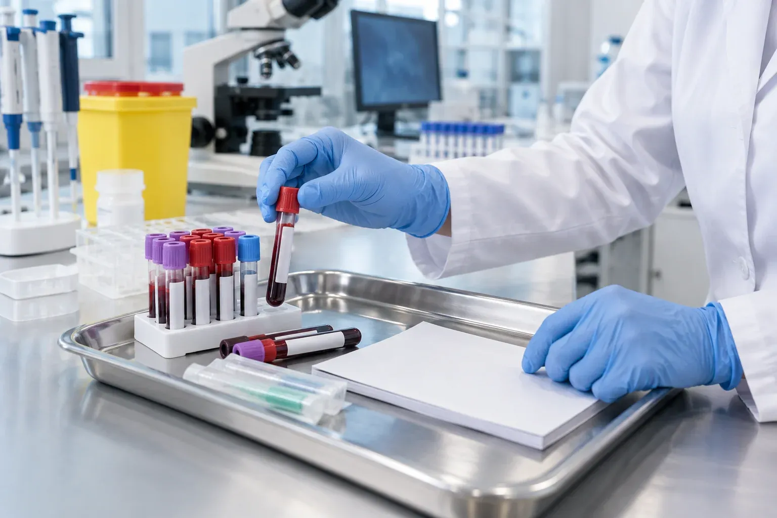 Gloved hands organizing blood sample vials and a lab requisition form for testosterone level testing